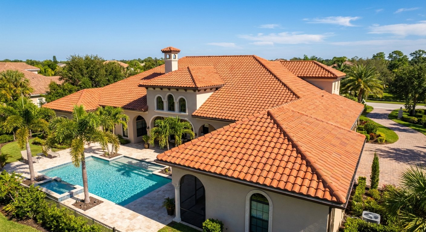 Completed clay barrel tile roof project