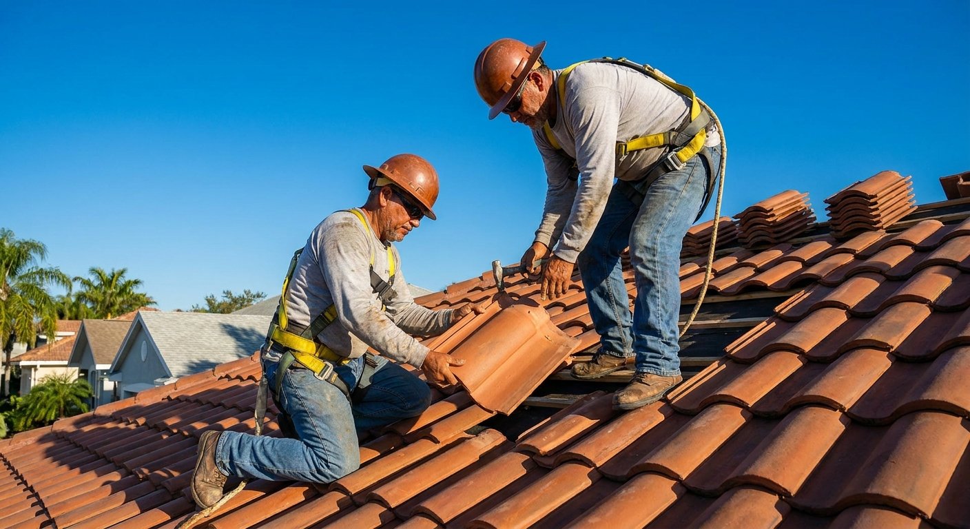 Roofers installing clay barrel tiles