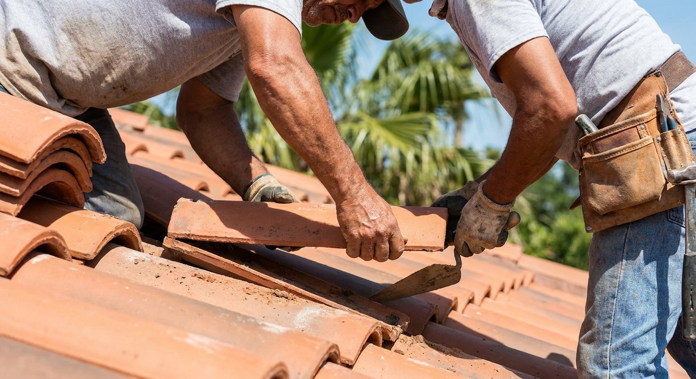 Roofer installing clay tiles during roof repair